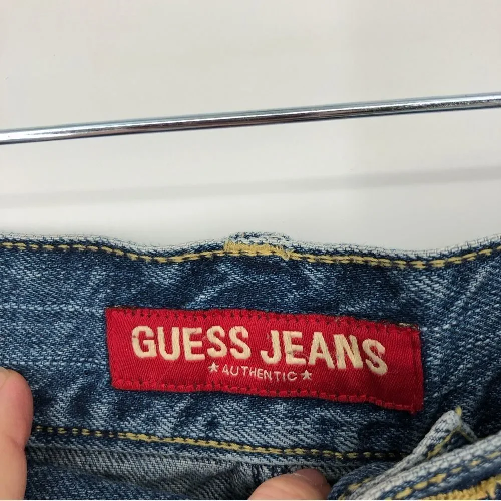 Vtg Guess Jeans Y2K Denim Mini Skirt Womens 28 Gold Sequins Cutoff Destructed‎